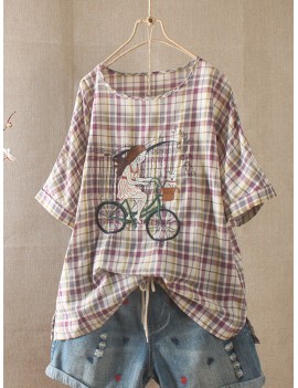 Casual Embroidered Girl Plaid Cute T-Shirt