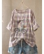 Casual Embroidered Girl Plaid Cute T-Shirt