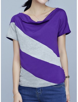 Casual Patchwork Short Sleeve Pile Collar T-shirt For Women