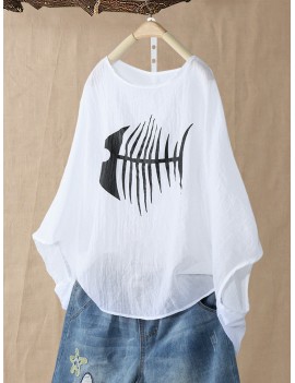 Casual Fish-bone Print 3/4 Sleeve Oversize T-Shirt