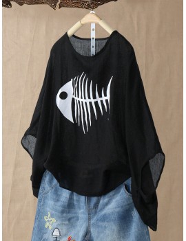 Casual Fish-bone Print 3/4 Sleeve Oversize T-Shirt