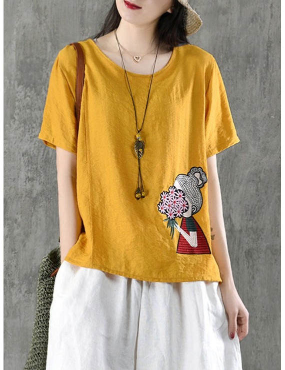 Cartoon Embroidered Irregular Short Sleeve O-neck T-shirts