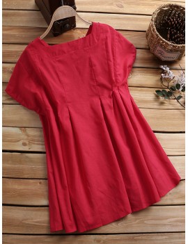 Solid Color Loose Pleated Short Sleeve O-neck Casual T-shirts