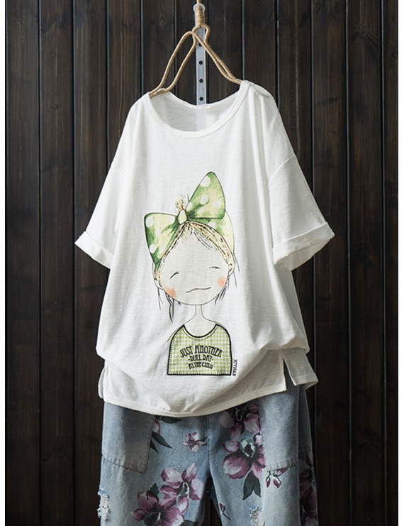 Cartoon Girl Print Embroidery Short Sleeve Casual Women T-shirt