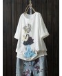 Cartoon Girl Print Embroidery Short Sleeve Casual Women T-shirt