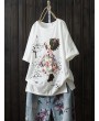 Cartoon Girl Print Embroidery Short Sleeve Casual Women T-shirt