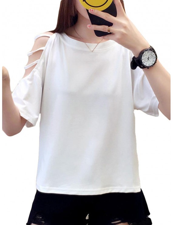 Solid Color Off The Shoulder Short Sleeve O-neck T-Shirts