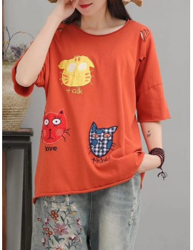 Cat Patch Embroidered Half Sleeve Distressed T-Shirt