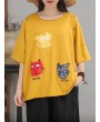 Cat Patch Embroidered Half Sleeve Distressed T-Shirt