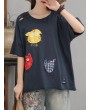 Cat Patch Embroidered Half Sleeve Distressed T-Shirt