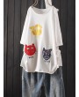 Cat Patch Embroidered Half Sleeve Distressed T-Shirt