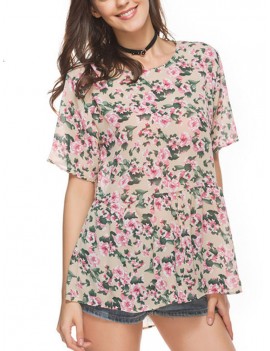 Casual Floral Print Pleated Short Sleeve O-neck Women T-shirt