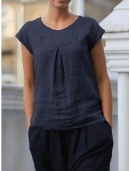 Short Sleeve Pleated Solid Color Casual T-shirt For Women