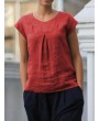 Short Sleeve Pleated Solid Color Casual T-shirt For Women