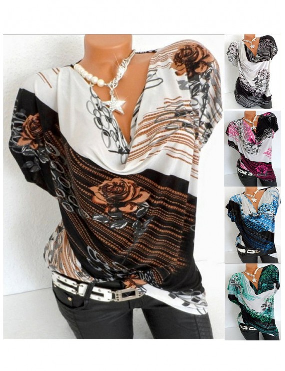 Printed Cowl Neck Short Bat-wing Sleeve T-Shirts