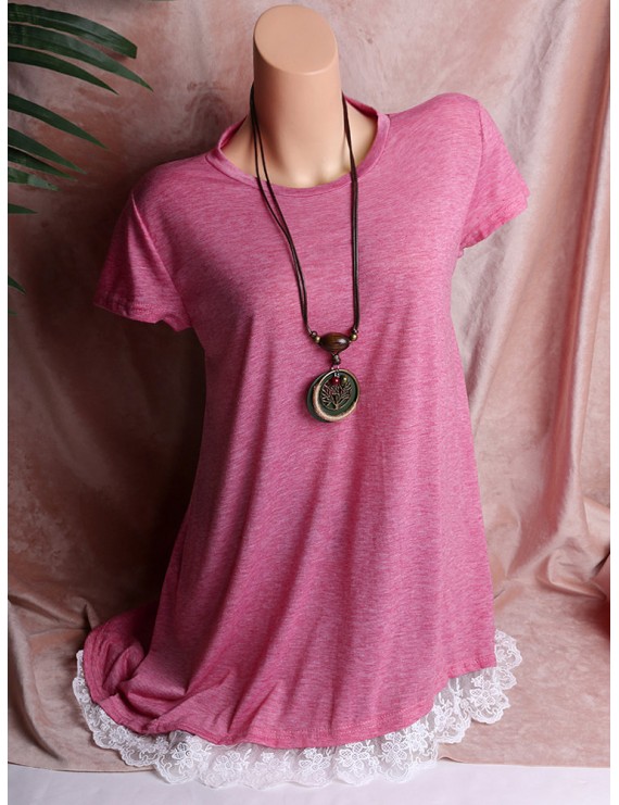 Lace Hem Short Sleeve O-neck Casual T-shirts