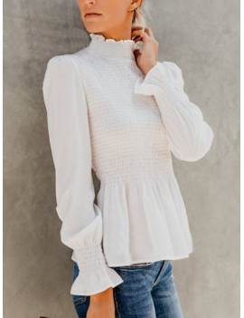 Chic Pleated Stand Collar Ruffled Poet Sleeve Blouse