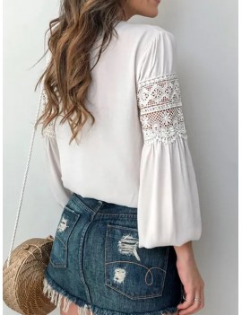 Elegant Lace Stitching Patchwork Puff Sleeve Women Blouse