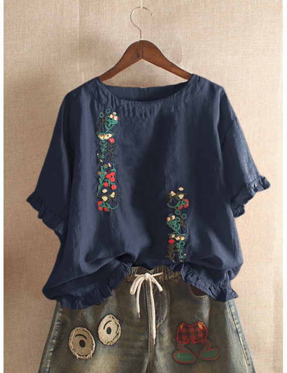 Embroidery Stringy Selvedge Short Sleeve Vintage Blouse