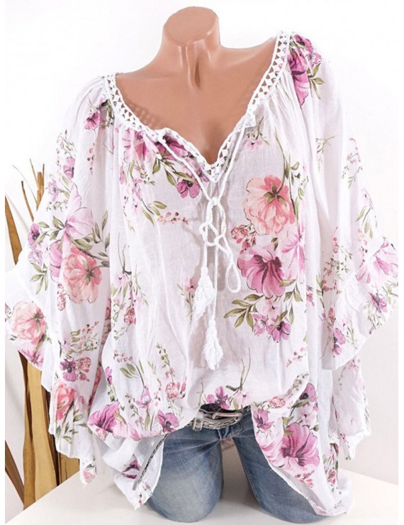 Laces Patchwork Floral Print Bandage Half Sleeve Blouse