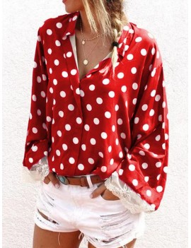 Lace Patchwork Polka Dot Long Sleeve Blouse For Women