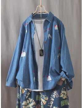 Casual Print Trun-down Collar Button Denim Shirt