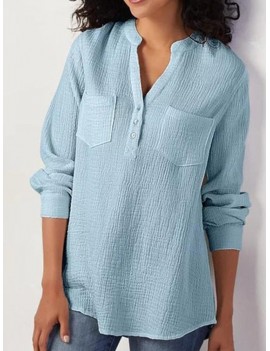 Long Sleeve Solid Color V-neck Loose Blouse For Women