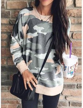 Camouflage Print Long Sleeve O-neck Blouse For Women