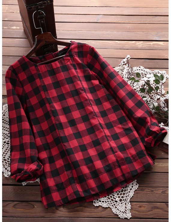 Women Check Plaid Long Sleeve Irregular Hem Loose Blouses