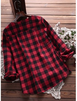 Women Check Plaid Long Sleeve Irregular Hem Loose Blouses