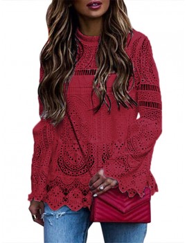 Solid Color Lace Hollow Long Sleeve Blouse For Women