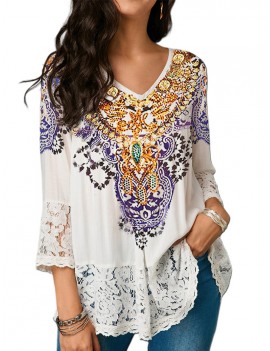 Chic Print Lace V-neck 3/4 Sleeve Blouse