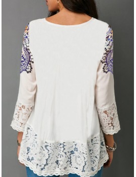 Chic Print Lace V-neck 3/4 Sleeve Blouse