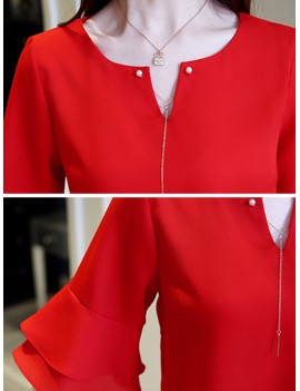 Chiffon Solid Color Bell Sleeve O-neck T-shirt