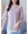 Chiffon Solid Color Bell Sleeve O-neck T-shirt