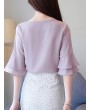 Chiffon Solid Color Bell Sleeve O-neck T-shirt