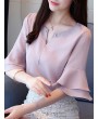 Chiffon Solid Color Bell Sleeve O-neck T-shirt