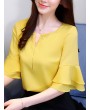 Chiffon Solid Color Bell Sleeve O-neck T-shirt