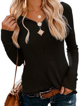 Knitting Solid Color Long Sleeve V-neck Blouse For Women