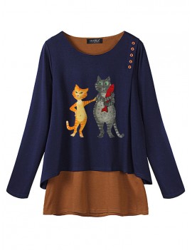 Casual Print Cat Long Sleeve Blouse For Women