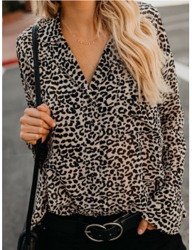 Leopard Trumpet Long Sleeve V-neck Loose Women Blouse