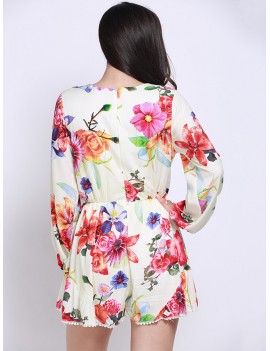 Women V-neck Long Sleeve Floral Printed Jumpsuit