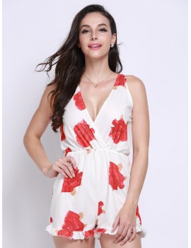 Women Sexy Floral Print Deep V Sleeveless Elastic Jumpsuits