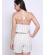 Women Casual Stripe Halterneck Backless Lace-up Sleeveless Short Jumpsuits