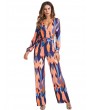 Women Long Sleeve Stripe Printed Belted V-neck Jumpsuits