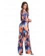 Women Long Sleeve Stripe Printed Belted V-neck Jumpsuits