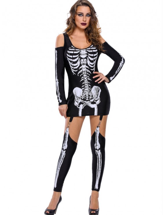 Halloween Skeleton Print Cold Shoulder Long Sleeve Women Jumpsuits