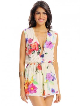 Women Sexy Floral Print Deep V Loose Sleeveless Lace-up Jumpsuit