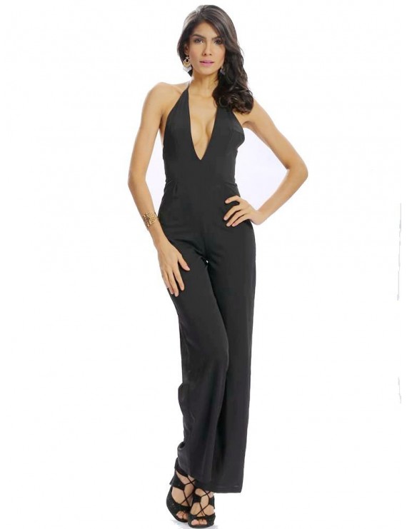 Women Casual Deep V Halter Backless Sleeveless Loose Jumpsuit