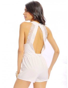 Women Casual Lace Stitching Backless Sleeveless V-neck Jumpsuit